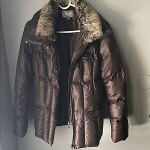 Dark Brown Puffer Jacket with Faux Fur Collar size M